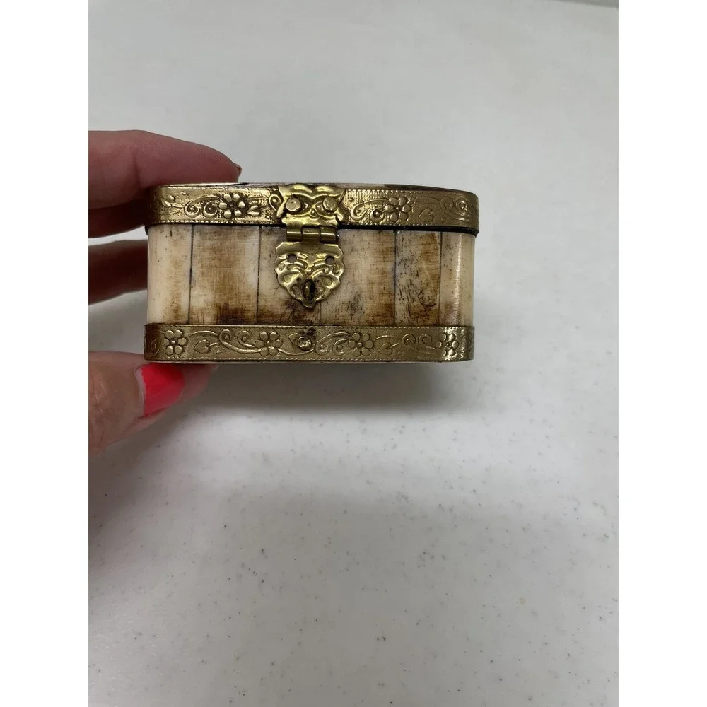 Vintage Set of 2 Handcrafted Bone & Brass Hinged Trinket Jewerly Box India‎